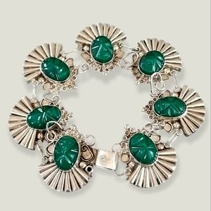 Vintage Mexico Southwestern Sterling Silver Green Onyx Bracelet